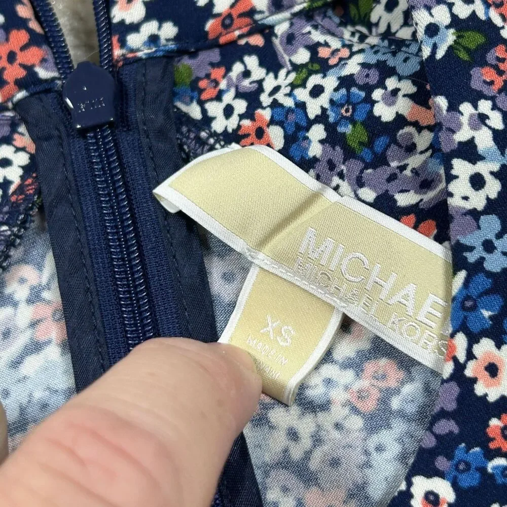 Michael Kors Dress Womens XS Navy Floral Cold Shoulder Ruffle Zipper Casual